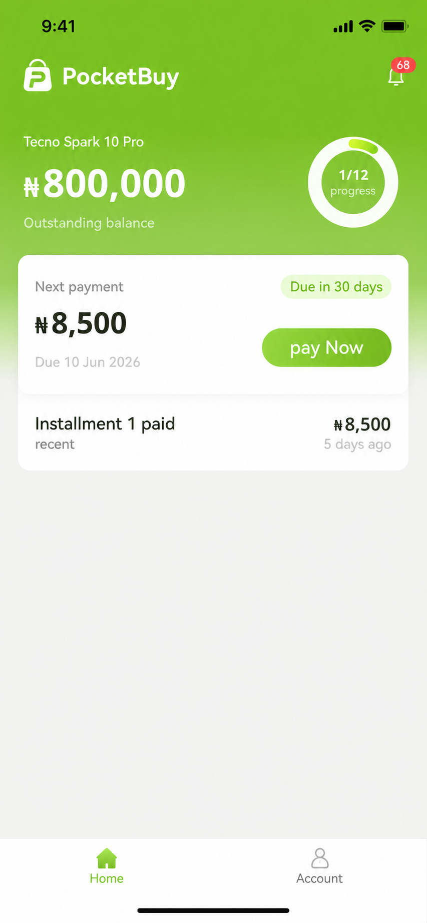 PocketBuy client app home screen
