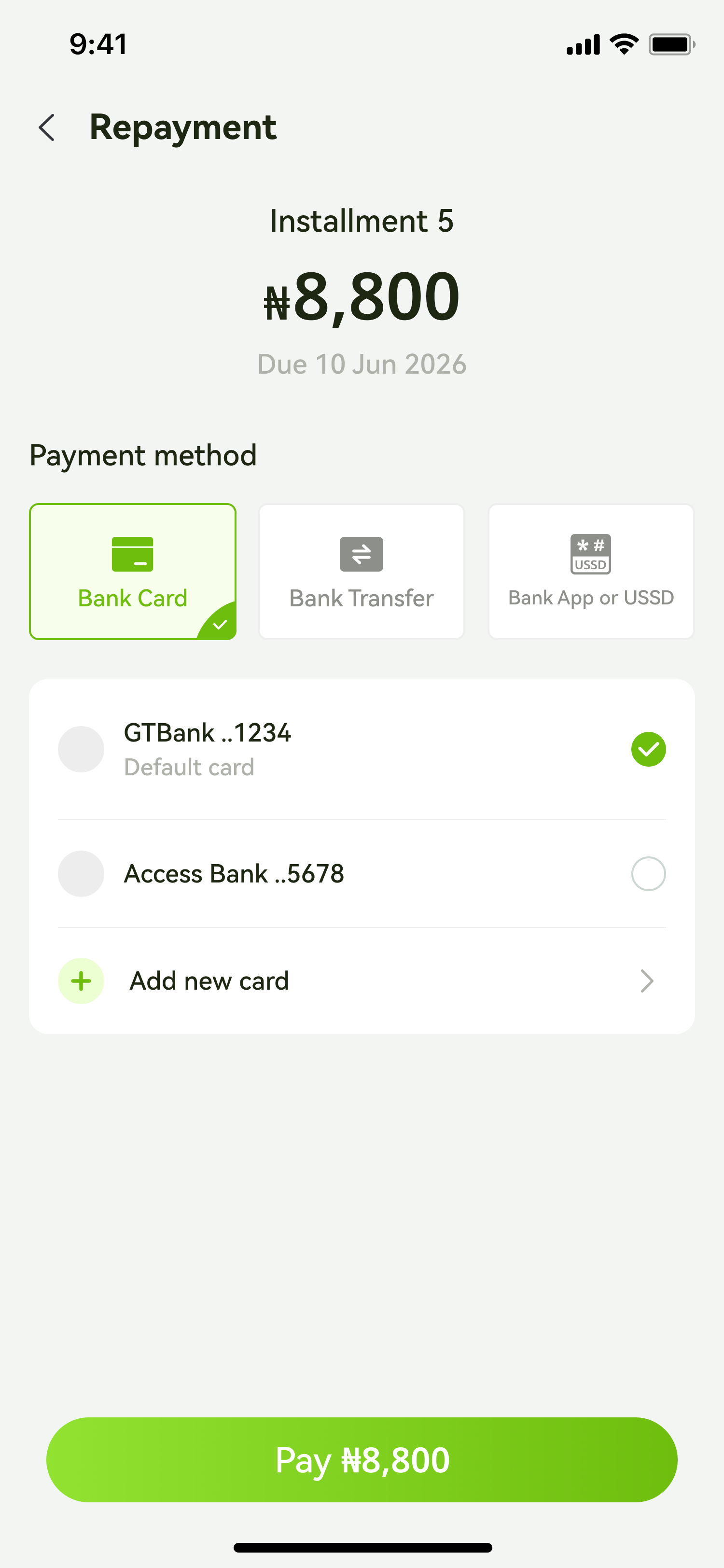 PocketBuy repayment channels screen